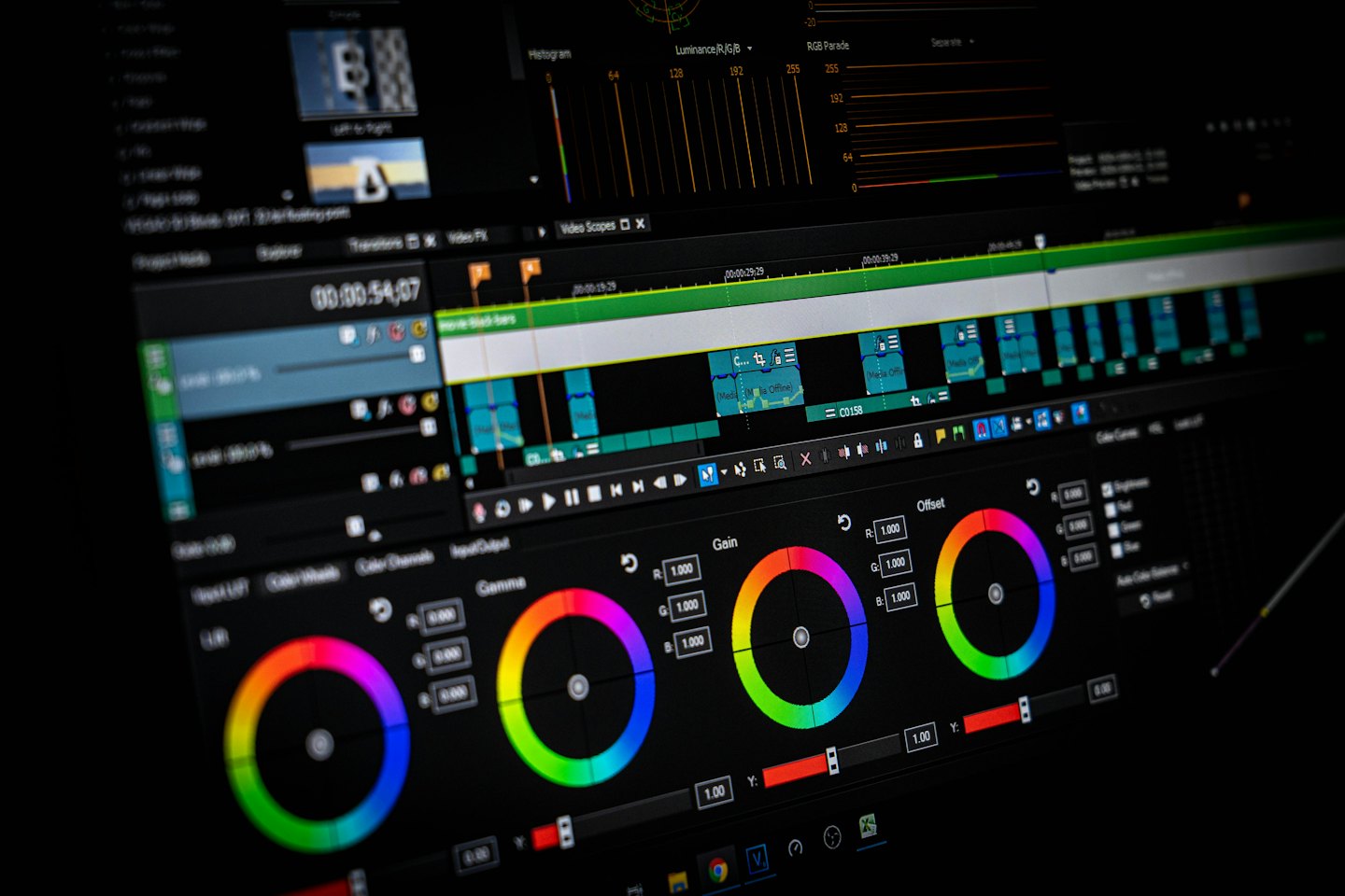 Computer screen showing video editing software timeline and controls.